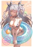  1girl antenna_hair artist_name azur_lane bangs bare_shoulders bikini bikini_tug black_bikini black_choker black_ribbon blue_innertube breasts choker cleavage collarbone commentary_request copyright_name cowboy_shot cross cross_earrings earrings eyebrows_visible_through_hair groin hair_between_eyes hair_ribbon highres jewelry large_breasts long_hair looking_at_viewer manjuu_(azur_lane) meryhsmy multicolored_hair navel one_eye_closed orange_background orange_eyes parted_lips partial_commentary prinz_eugen_(azur_lane) prinz_eugen_(unfading_smile)_(azur_lane) red_hair ribbon side-tie_bikini sidelocks silver_hair skindentation smile solo_focus standing starry_background stomach streaked_hair swept_bangs swimsuit thigh_strap tumblr_username twitter_username two_side_up underboob watermark web_address 