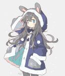  1girl 2021 animal_ears artist_name black_hair blue_coat blue_eyes blue_neckwear bow bowtie bunny_ears coat commentary cowboy_shot english_commentary fur-trimmed_coat fur-trimmed_hood fur-trimmed_sleeves fur_trim grey_background grey_legwear hair_between_eyes hand_in_pocket hand_on_own_face hand_up hood hood_up long_hair looking_at_viewer melanbread original pom_pom_(clothes) snowing solo unbuttoned 