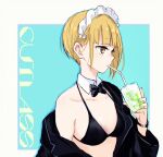  1girl aqua_background bangs bikini bikini_under_clothes black_bikini black_jacket black_neckwear blonde_hair blunt_bangs bob_cut bow bowtie breasts character_name closed_mouth collar commentary cup cutlass_(girls_und_panzer) detached_collar drinking_glass drinking_straw eyebrows_visible_through_hair girls_und_panzer half-closed_eyes holding holding_cup jacket looking_to_the_side maid_headdress medium_breasts off_shoulder outside_border short_hair solo swimsuit upper_body watch white_collar wing_collar wristwatch yellow_eyes yuuyu_(777) 