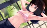  1girl akemiho_tabi_nikki arms_up bangs black_hair blunt_bangs bra breasts brown_eyes dressing dutch_angle fukube_tamaki highres kouno_hikaru looking_at_viewer navel short_hair small_breasts solo underwear 