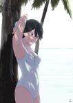  1girl armpits bangs beach black_hair blue_eyes bow breasts commentary_request dappled_sunlight from_side hair_between_eyes hair_tie head_tilt houshou_(kancolle) kantai_collection light_blush long_hair looking_at_viewer mihama_machi ocean one-piece_swimsuit palm_tree shadow small_breasts smile solo sunlight swimsuit tree tree_shade tying_hair white_bow white_swimsuit 