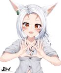  1girl :d animal_ear_fluff animal_ears bangs blush breasts brown_eyes cat_ears chrisandita collarbone collared_shirt commentary commission dress_shirt ear_piercing facial_mark final_fantasy final_fantasy_xiv forehead hands_up heart heart_hands highres miqo&#039;te open_mouth parted_bangs piercing sabotender shirt short_sleeves simple_background small_breasts smile solo upper_body whisker_markings white_background white_hair white_shirt 
