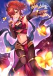  1girl alternate_costume anna_(fire_emblem) bangs bare_shoulders black_gloves breasts bug butterfly choker cleavage commentary commission cosplay dancer dorothea_arnault dorothea_arnault_(cosplay) elbow_gloves english_commentary feather_hair_ornament feathers finger_to_face fingerless_gloves fire_emblem fire_emblem_awakening fire_emblem_heroes gloves hair_between_eyes hair_ornament highres insect medium_breasts midriff navel no_shoes one_eye_closed outstretched_arm pantyhose pelvic_curtain ponytail red_eyes red_hair second-party_source smile solo wawatiku 