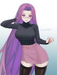  1girl absurdres adjusting_hair belt black_legwear black_sweater breasts cleavage fate/grand_order fate_(series) glasses hand_in_hair highres large_breasts long_hair long_sleeves looking_at_viewer medusa_(fate) medusa_(rider)_(fate) nizz pink_skirt purple_eyes purple_hair simple_background skirt smile solo sweater thighhighs turtleneck turtleneck_sweater white_background zettai_ryouiki 