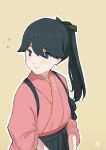  1girl bangs black_hair blue_eyes bow closed_mouth commentary_request cowboy_shot eyebrows_visible_through_hair flying_sweatdrops green_bow hair_between_eyes hair_bow hands_together head_tilt houshou_(kancolle) japanese_clothes kantai_collection kimono light_blush long_hair looking_to_the_side mihama_machi pink_kimono ponytail shadow simple_background smile solo yellow_background 