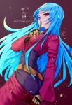  1girl bangs belt bicio blue_hair bodysuit breast_hold breasts finger_to_mouth gloves highres kula_diamond long_hair looking_at_viewer purple_eyes shushing signature simple_background small_breasts smile the_king_of_fighters 