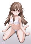  1girl arashio_(kancolle) bra breasts brown_eyes brown_hair collarbone commentary_request full_body highres kantai_collection long_hair looking_at_viewer navel panties simple_background sitting small_breasts smile solo t2r training_bra underwear underwear_only wariza white_background white_bra white_panties 