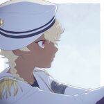  1boy blonde_hair braid dark-skinned_male dark_skin gold_trim gridman_universe hat long_sleeves male_focus mmuttonn profile red_eyes simple_background sizumu solo ssss.dynazenon uniform upper_body white_headwear 