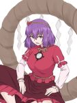  1girl breasts brown_skirt feet_out_of_frame highres kakone large_breasts layered_sleeves long_sleeves looking_at_viewer mirror purple_eyes purple_hair red_shirt rope shimenawa shirt short_hair short_over_long_sleeves short_sleeves simple_background sitting skirt solo touhou white_background yasaka_kanako 