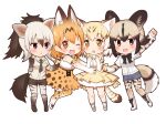  4girls :d :o ;d aardwolf_(kemono_friends) aardwolf_ears aardwolf_print aardwolf_tail african_wild_dog_(kemono_friends) african_wild_dog_print aino_osaru animal_ears animal_print arm_up bangs bare_legs black_hair blonde_hair bodystocking boots bow bowtie breast_pocket brown_hair cat_ears cat_girl cat_tail chibi collared_shirt cutoffs dog_girl dog_tail elbow_gloves extra_ears eyebrows_visible_through_hair full_body gloves grey_hair hands_up high-waist_skirt high_ponytail kemono_friends kneehighs layered_sleeves legwear_under_shorts long_hair long_sleeves looking_at_viewer medium_hair miniskirt multicolored_hair multiple_girls necktie one_eye_closed open_mouth orange_eyes orange_hair outstretched_arm pantyhose parted_lips pocket ponytail print_bow print_gloves print_legwear print_neckwear print_shirt print_skirt sand_cat_(kemono_friends) sand_cat_print serval_(kemono_friends) serval_ears serval_girl serval_print serval_tail shirt shoes short_over_long_sleeves short_sleeves shorts side-by-side simple_background skirt sleeveless sleeveless_shirt smile tail two-tone_hair white_background 