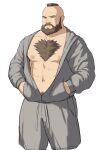  1boy abs absurdres alternate_costume bara bare_pectorals beard casual chest_hair facial_hair feet_out_of_frame grey_jacket grey_shorts hands_in_pockets highres jacket large_pectorals male_focus mature_male mohawk muscular muscular_male mustache navel navel_hair nipples open_clothes open_jacket pectorals ryker short_hair shorts solo stomach street_fighter street_fighter_zero_(series) track_jacket zangief 