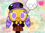  1girl :o alchemist_cookie artist_name blush braid character_name colored_skin cookie cookie_run copyright_name floral_background flower food hands_up hat heart long_hair no_humans purple_hair purple_headwear self_upload solo standing thought_bubble twin_braids watermark yellow_skin 