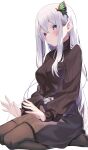  1girl absurdres bangs belt black_legwear black_skirt black_sweater blush butterfly_hair_ornament echidna_(re:zero) hair_ornament hands_on_lap highres jun_(aousa0328) lap_pillow_invitation long_hair long_sleeves looking_at_viewer pantyhose purple_eyes re:zero_kara_hajimeru_isekai_seikatsu ribbed_sweater seiza sidelocks sitting skirt solo sweater white_belt white_eyelashes white_hair 