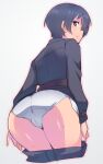  1girl ass bangs black_eyes black_hair black_jacket black_pants clothes_pull commentary cowboy_shot cropped_legs crotch_seam em_(totsuzen_no_hakike) facing_viewer from_behind grey_background grey_panties jacket kino_(kino_no_tabi) kino_no_tabi leaning_forward long_sleeves looking_at_viewer looking_back panties pants pants_pull parted_lips short_hair simple_background solo standing sweat underwear 