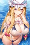  1girl bangs bikini blonde_hair blush bow breasts cleavage commentary_request hair_between_eyes hair_bow hand_up hat hat_ribbon highres large_breasts long_hair looking_at_viewer mob_cap nail_polish navel obaoba_(monkeyix) purple_eyes red_bow red_nails red_ribbon ribbon smile solo stomach swimsuit touhou wading water white_headwear yakumo_yukari 