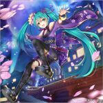  1girl :d bangs black_legwear black_skirt blue_hair bracelet bridal_gauntlets cherry_blossoms eyebrows_visible_through_hair floating_hair flower full_body full_moon green_eyes hair_between_eyes hair_ribbon hatsune_miku japanese_clothes jewelry k12io kimono long_hair long_sleeves looking_at_viewer miniskirt moon off-shoulder_kimono open_mouth outstretched_arms petals pink_flower purple_kimono purple_ribbon ribbon shiny shiny_hair skirt smile solo sparkle thighhighs twintails very_long_hair vocaloid watermark wide_sleeves 