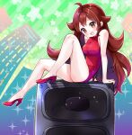  1girl :d amimi arm_support ass bare_arms blush breasts brown_eyes brown_hair commentary_request dress friday_night_funkin&#039; girlfriend_(friday_night_funkin&#039;) high_heels legs open_mouth red_dress red_footwear sitting smile speaker thighs 