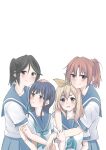  4girls absurdres black_hair blonde_hair blue_eyes blue_neckwear blue_sailor_collar blue_skirt blush brown_hair closed_mouth green_eyes hair_ribbon hibike!_euphonium highres hug kasaki_nozomi kero_liu kitauji_high_school_uniform long_hair looking_at_another looking_at_viewer multiple_girls nakagawa_natsuki neckerchief open_mouth pleated_skirt ponytail purple_eyes red_eyes ribbon sailor_collar school_uniform serafuku shirt short_sleeves simple_background sitting skirt smile standing white_background white_shirt yellow_ribbon yoroizuka_mizore yoshikawa_yuuko yuri 