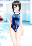  1girl absurdres bangs black_hair blue_swimsuit blurry bob_cut brown_eyes competition_swimsuit cowboy_shot depth_of_field girls_und_panzer highres huge_filesize kawashima_momo lane_line lifeguard_chair looking_at_viewer multicolored multicolored_clothes multicolored_swimsuit one-piece_swimsuit pool poolside short_hair solo swimsuit takafumi 