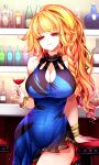  1girl absurdres alcohol alternate_costume alternate_hairstyle blonde_hair braid breasts cleavage cleavage_cutout closed_mouth clothing_cutout curvy highres junko_(touhou) junko_day large_breasts long_hair looking_at_viewer orange_hair raptor7 red_eyes single_braid smile solo touhou touhou_lost_word wine 