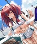  1boy 1girl azur_lane bangs bare_shoulders blue_sky blush breasts breasts_outside bremerton_(azur_lane) bremerton_(scorching-hot_training)_(azur_lane) clothes_lift crop_top hair_between_eyes hair_ornament hairclip hetero highres large_breasts long_hair multicolored_hair navel nicky_w nipples official_alternate_costume open_mouth penis pink_eyes pink_hair sex shirt shirt_lift sky sleeveless sleeveless_shirt sportswear standing standing_sex streaked_hair tennis_net tennis_uniform twintails two-tone_shirt two-tone_skirt vaginal x_hair_ornament 