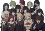  6+boys 6+girls akamatsu_kaede amami_rantarou bangs black_hair black_hairband black_headwear black_jacket black_mask blonde_hair blue_eyes blue_hair blunt_bangs bow breasts brown_hair brown_skirt chabashira_tenko collarbone collared_shirt danganronpa_(series) danganronpa_v3:_killing_harmony eyebrows_visible_through_hair facial_hair gakuran glasses goatee gokuhara_gonta green_hair grey_background grey_hair hair_between_eyes hair_over_one_eye hairband hand_up hands_over_mouth harukawa_maki highres hoshi_ryouma iruma_miu iumi_urura jacket keebo large_breasts long_hair long_sleeves looking_at_viewer low_twintails mask messy_hair mole mole_under_eye mole_under_mouth momota_kaito mouth_mask multicolored_hair multiple_boys multiple_girls neck_ribbon neckerchief necktie official_alternate_costume ouma_kokichi plaid plaid_bow plaid_skirt purple_hair red_bow red_eyes red_hair red_neckwear red_ribbon red_shirt ribbon round_eyewear saihara_shuuichi sailor_collar school_uniform serafuku shinguuji_korekiyo shirogane_tsumugi shirt short_hair simple_background skirt smile striped striped_neckwear toujou_kirumi twintails two-tone_hair upper_teeth v very_short_hair yonaga_angie yumeno_himiko 