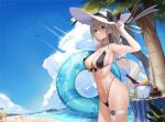  4girls absurdres afpl_(parrotz4) aquila_(azur_lane) aquila_(sardegnian_shallows_and_sunshine)_(azur_lane) azur_lane beach beach_volleyball bikini black_bikini blue_sky blush_stickers boat bottle breasts bucket cake chinese_commentary choker cleavage cloud condensation_trail covered_nipples day eyebrows_visible_through_hair food green_eyes hair_between_eyes hand_on_headwear happy_birthday hat hat_ribbon highleg highleg_bikini highres holding holding_innertube horizon innertube large_breasts leaf long_hair looking_at_viewer manjuu_(azur_lane) multiple_girls navel ocean official_alternate_costume outdoors palm_tree pola_(azur_lane) pola_(seaside_coincidence)_(azur_lane) reflection ribbon sideboob silver_hair sky solo_focus sun_hat swimsuit table thigh_strap tree vittorio_veneto_(azur_lane) vittorio_veneto_(the_flower_of_la_spezia)_(azur_lane) watercraft wine_bottle zara_(azur_lane) zara_(poolside_coincidence)_(azur_lane) 