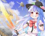  1girl bangs black_headwear blouse blue_hair blue_sky blurry blurry_foreground bow bowtie cloud food fruit grin highres hinanawi_tenshi holding holding_sword holding_weapon karuthi keystone leaf long_hair outdoors peach puffy_short_sleeves puffy_sleeves red_eyes red_neckwear rope shide shimenawa shirt short_sleeves sky smile solo sword sword_of_hisou touhou upper_body v-shaped_eyebrows weapon white_blouse white_shirt 