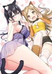  2girls :d animal_ear_fluff animal_ears arm_warmers bandeau bare_arms bare_shoulders black_hair black_shorts breasts brown_eyes brown_hair cat_ears cat_girl cat_tail check_copyright chemise claw_pose collar commentary_request copyright_request fang heart heart-shaped_pupils large_breasts long_hair looking_at_viewer masuishi_kinoto midriff multiple_girls nightgown open_mouth original parted_lips purple_eyes short_shorts shorts smile strapless symbol-shaped_pupils tail thighhighs thighs tubetop twintails white_legwear 