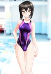  1girl absurdres bangs black_hair blurry bob_cut brown_eyes competition_swimsuit cowboy_shot depth_of_field girls_und_panzer highres huge_filesize kawashima_momo lane_line lifeguard_chair looking_at_viewer multicolored multicolored_clothes multicolored_swimsuit one-piece_swimsuit pool poolside purple_swimsuit short_hair solo swimsuit takafumi 
