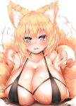  1girl alternate_costume animal_ear_fluff animal_ears bangs bare_shoulders blush breasts cleavage collarbone commentary_request covered_nipples fox_ears fox_tail hair_between_eyes huge_breasts kyuubi looking_at_viewer multiple_tails no_hat no_headwear orange_hair parted_lips shiny shiny_skin short_hair simple_background smile solo sweat tail touhou upper_body white_background wildcat_(kusonemi) yakumo_ran yellow_eyes 