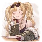 1girl absurdres bangs blonde_hair blush breasts cleavage closed_eyes commission fur_trim granblue_fantasy hair_intakes hair_ornament hairband highres ivris jacket large_breasts long_hair looking_at_viewer open_mouth skeb_commission smile solo sunglasses twintails zeta_(granblue_fantasy) 
