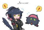  ! ... 1girl animal animal_ears arknights black_gloves black_jacket blue_hair car cat cat_ears cat_girl cat_tail chibi collar english_commentary flying_sweatdrops gloves green_eyes ground_vehicle hand_up headphones id_card implied_extra_ears jacket jessica_(arknights) long_hair motor_vehicle open_mouth pink_hair ponytail pui_pui_molcar simple_background solo spacelongcat spoken_ellipsis spoken_exclamation_mark tail tears upper_body white_background 