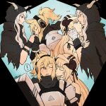  ! 3girls animal_ears arknights armor artist_name blonde_hair cheek_kiss demon_girl demon_horns dl forehead_kiss hand_kiss hat headphones hood horns horse_ears horse_tail kiss multiple_girls nearl_(arknights) nightingale_(arknights) pauldrons polygamy shield shining_(arknights) shoulder_armor surprised tail twitter_username white_hair yuri 