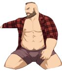  1boy abs alternate_costume bara bare_pectorals beard brown_shorts bulge casual cropped_legs facial_hair highres large_pectorals looking_to_the_side male_focus mature_male mohawk muscular muscular_male mustache navel navel_hair nipples open_clothes open_shirt pectorals red_shirt ryker shirt short_hair short_shorts shorts smile solo stomach street_fighter street_fighter_zero_(series) thick_thighs thighs zangief 
