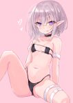  1girl :p bangs bare_shoulders bikini black_bikini black_choker blush braid choker closed_mouth collarbone commentary_request eyebrows_visible_through_hair eyepatch_bikini feet_out_of_frame grey_hair hair_between_eyes hair_ornament heart heart_choker heart_hair_ornament highres hizaka knee_up original pink_background pointy_ears purple_eyes simple_background sitting smile solo swimsuit tongue tongue_out 