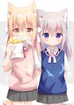  2girls animal_ear_fluff animal_ears arm_behind_back black_skirt blonde_hair blush bread brown_eyes cat_ears cat_tail closed_mouth collared_shirt commentary_request dress_shirt eating food grey_background grey_hair hair_ornament hairclip hand_up highres holding holding_food long_hair looking_at_viewer low_twintails miike-chan multiple_girls nakkar neck_ribbon original pink_ribbon pleated_skirt purple_eyes red_ribbon ribbon shirt short_sleeves sidelocks skirt sweater_vest tail twintails two-tone_background two_side_up white_background white_shirt x_hair_ornament 