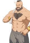  1boy abs absurdres bara beard blush bulge chest_hair facial_hair grey_pants highres large_pectorals male_focus mature_male mohawk muscular muscular_male mustache navel navel_hair nipples pants pectorals ryker shirtless short_hair smile solo stomach street_fighter street_fighter_zero_(series) textless track_pants zangief 