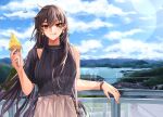  1girl alternate_costume black_blouse black_hair blouse blue_sky cloud commentary_request cowboy_shot day food ice_cream kantai_collection lens_flare long_hair looking_at_viewer machi_(ritovoyage) mountain nagato_(kancolle) outdoors railing red_eyes scenery sky solo underwear 