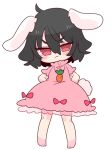  1girl animal_ears barefoot black_hair bunny bunny_ears bunny_tail carrot_necklace dress floppy_ears frilled_dress frilled_sleeves frills highres inaba_tewi op_na_yarou pink_dress puffy_short_sleeves puffy_sleeves rabbit_girl red_eyes ribbon-trimmed_dress short_hair short_sleeves tail touhou wavy_hair 