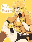  1girl :d ahoge belt black_gloves black_shorts blonde_hair breasts cellphone cleavage elbow_on_knee english_text fingerless_gloves gloves grey_belt hiroya_juuren holding holding_phone jacket large_breasts long_hair open_mouth orange_jacket outline phone pouch puffy_short_sleeves puffy_sleeves purple_eyes rwby short_shorts short_sleeves shorts simple_background sitting smartphone smile solo talking_on_phone white_outline yang_xiao_long yellow_background 