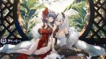  2girls :3 azur_lane bangs bare_shoulders black_legwear blue_eyes blue_hair blush breasts bridal_gauntlets cheshire_(azur_lane) china_dress chinese_clothes commentary copyright_name douya_(233) drake_(azur_lane) dress eyebrows_visible_through_hair feather_boa flower hair_flower hair_ornament highres huge_breasts large_breasts legs loading_screen long_hair looking_at_viewer medium_hair multicolored_hair multiple_girls no_shoes official_art pantyhose plant red_dress red_flower side_ponytail sitting sleeveless sleeveless_dress smile streaked_hair thighhighs very_long_hair white_dress white_hair white_legwear yellow_eyes 