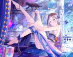  1girl abigail_williams_(fate) babydoll bangs bare_shoulders barefoot black_cat blonde_hair blue_eyes blush breasts bug butterfly butterfly_hair_ornament cat cube curtains fate/grand_order fate_(series) feet forehead hair_ornament insect kinom_(sculpturesky) legs legs_up long_hair long_legs looking_at_viewer parted_bangs sidelocks sitting small_breasts stuffed_animal stuffed_toy teddy_bear 