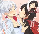  !? ... 2girls bangs black_hair blue_eyes blush braid breasts cape chocolate cleavage closed_eyes collarbone corset cross dress earrings flower food grey_eyes half-closed_eyes hand_on_another&#039;s_shoulder hiroya_juuren jewelry long_hair multiple_girls necklace nervous pocky pocky_kiss ponytail red_cape rose ruby_rose rwby shared_food short_hair small_breasts smile smug sweatdrop translated upper_body wavy_mouth weiss_schnee white_flower white_hair white_rose yuri 