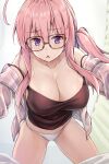  1girl ahoge all_fours ass_visible_through_thighs bare_shoulders blush breasts camisole chestnut_mouth cleavage collarbone commentary_request curtains eyebrows_visible_through_hair glasses highres jacket kotatsu_(kotatsu358) large_breasts long_hair long_sleeves looking_at_viewer neet_de_otaku_na_kunoichi_to_naze_ka_dousei_hajimemashita open_clothes open_jacket panties pink_hair purple_eyes reward_available shizuri_(neet_de_otaku_na_kunoichi_to_naze_ka_dousei_hajimemashita) side_ponytail solo strap_slip striped underwear white_panties 