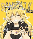  black_gloves blonde_hair blush breasts cleavage closed_eyes double_v facing_viewer fang fingerless_gloves gloves hands_up hiroya_juuren jewelry long_hair necklace outline rwby simple_background smile v white_outline yang_xiao_long yellow_background 