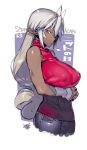  antenna_hair blue_legwear breasts covered_nipples dark_skin denim detached_sleeves highres jeans large_breasts long_hair looking_at_viewer namaniku_atk original pants red_sweater sansei_muramasa shiny shiny_skin soukou_akki_muramasa sweater turtleneck turtleneck_sweater white_hair 