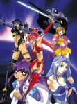  1990s_(style) 5girls arm_up ass bangs black_hair blue_eyes boots breasts brown_hair choker cleavage dennou_sentai_voogie&#039;s_angel energy_sword eyebrows_visible_through_hair gloves hair_ribbon high_heels high_ponytail holding holding_sword holding_weapon leotard long_hair marrybel_candy_stwert midi_the_girl multiple_girls navel official_art oobari_masami open_mouth purple_hair rebecca_sweet_hawzen red_eyes red_hair retro_artstyle ribbon short_hair sidelocks silver_hair smile space_craft sword tachibana_shiori thigh_boots thighhighs very_long_hair voogie weapon yellow_eyes 