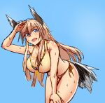  1girl bikini blonde_hair blue_background blue_eyes blush breasts cleavage goggles goggles_on_head hair_between_eyes hand_on_own_knee hanna-justina_marseille head_wings kunashiri_(etorofu) large_breasts leaning_forward long_hair shading_eyes side-tie_bikini sketch solo strike_witches swimsuit tail_feathers wet world_witches_series yellow_bikini 