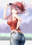  1girl absurdres adjusting_clothes adjusting_headwear alternate_costume ass asymmetrical_hair autumn_leaves bare_shoulders blue_sky blurry breasts cloud contemporary cowboy_shot day denim depth_of_field fate/grand_order fate_(series) from_behind from_below hand_in_pocket hane_yuki hat head_tilt heroic_spirit_traveling_outfit highres large_breasts long_hair looking_at_viewer looking_back midriff miyamoto_musashi_(fate) one_eye_closed pants pink_hair ponytail puckered_lips purple_eyes revision shirt sky sleeveless sleeveless_shirt solo standing tank_top 